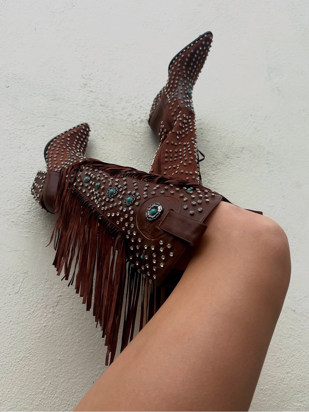 Studded Fringe Western Knee-High Boot in Cognac with Turquoise Accents - Picture 2 of 8
